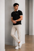 Men’s Premium Black Contrast Collar Polo T-Shirt with Embroidered Logo – Regular Fit