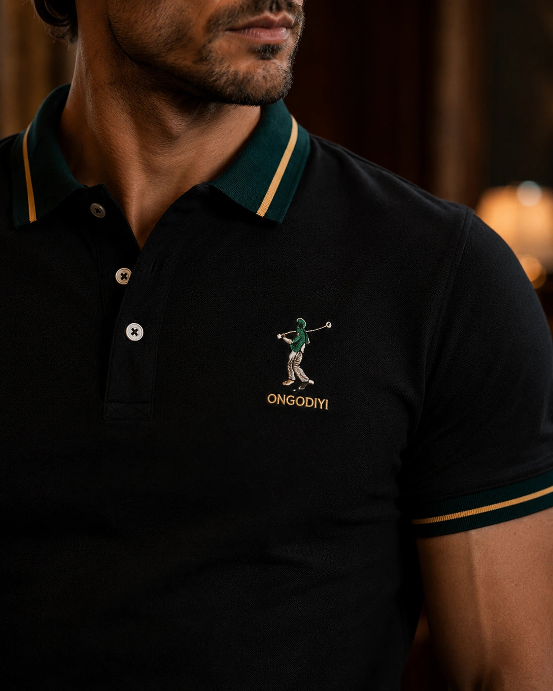 Men’s Premium Black Polo T-Shirt with Green & Gold Tipped Collar – Regular Fit