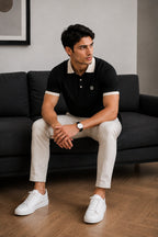 Men’s Premium Black Contrast Collar Polo T-Shirt with Embroidered Logo – Regular Fit