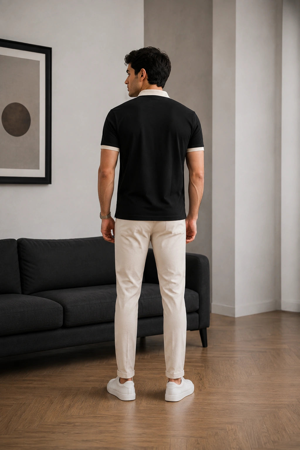 Men’s Premium Black Contrast Collar Polo T-Shirt with Embroidered Logo – Regular Fit