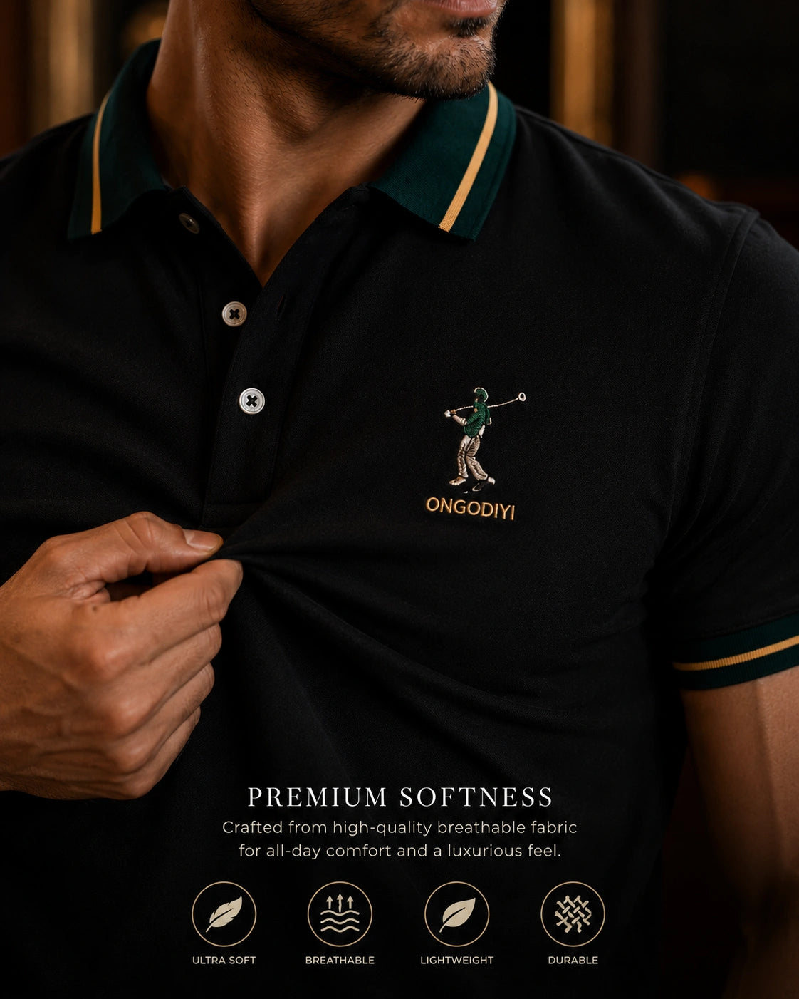 Men’s Premium Black Polo T-Shirt with Green & Gold Tipped Collar – Regular Fit