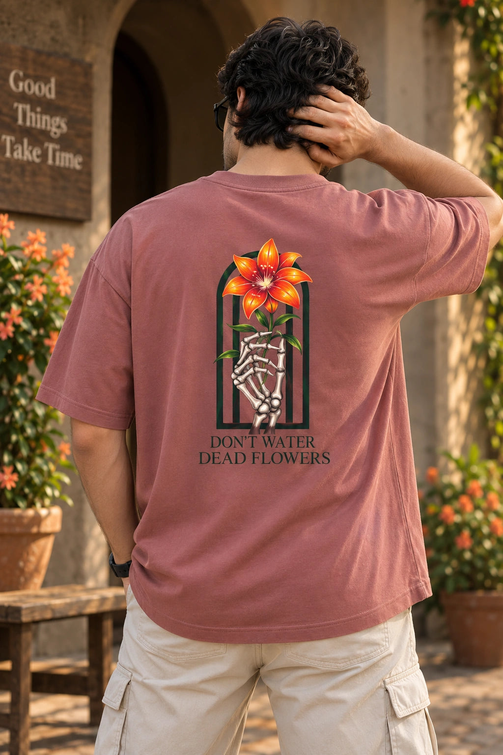 Men’s Dusty Rose “Don’t Water Dead Flowers” Graphic T-Shirt – Front & Back Print