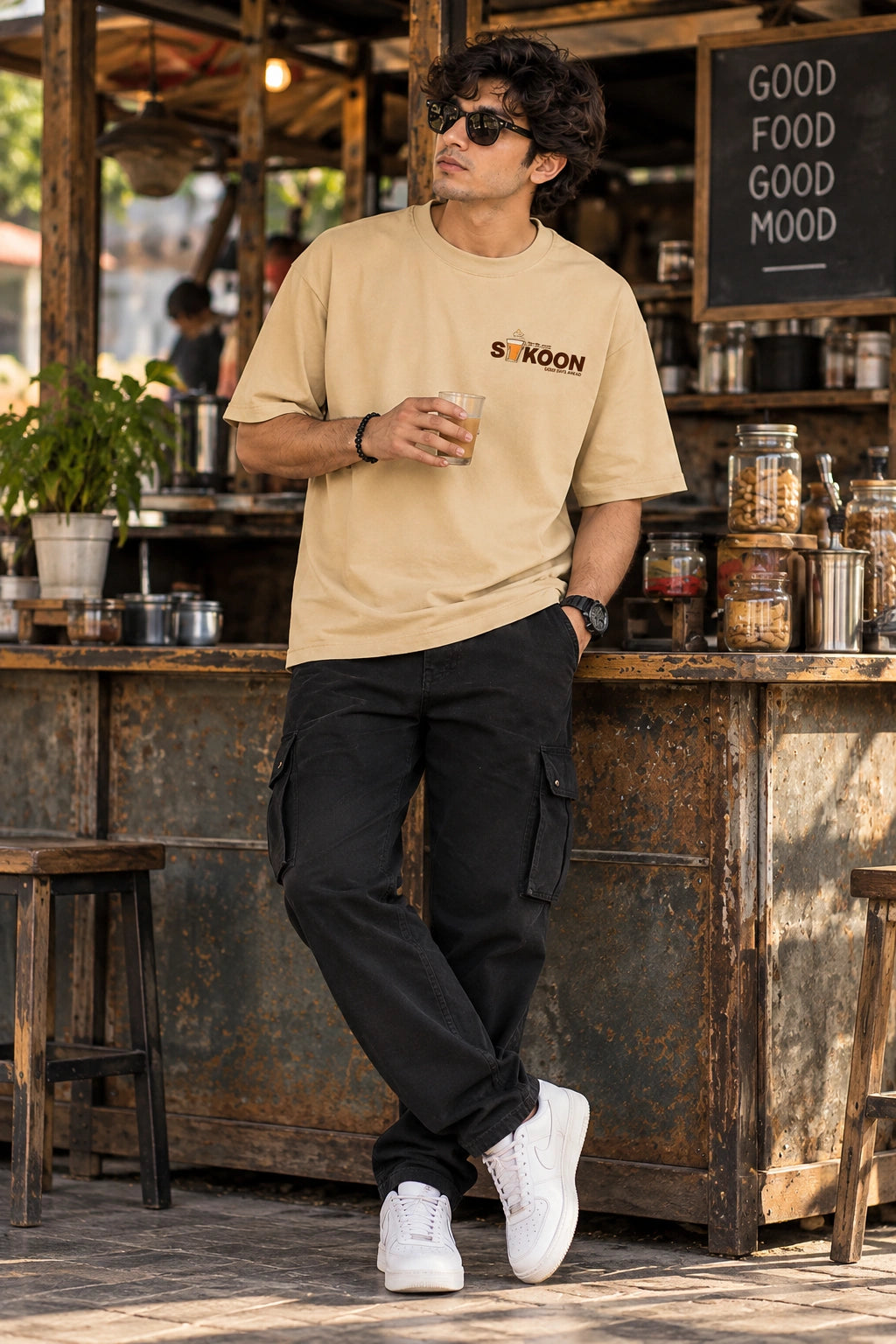 Men’s Beige Oversized Chai Graphic T-Shirt – Sukoon Indian Tea Culture Printed Tee
