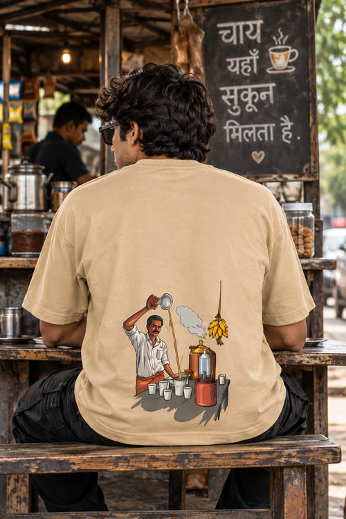 Men’s Beige Oversized Chai Graphic T-Shirt – Sukoon Indian Tea Culture Printed Tee