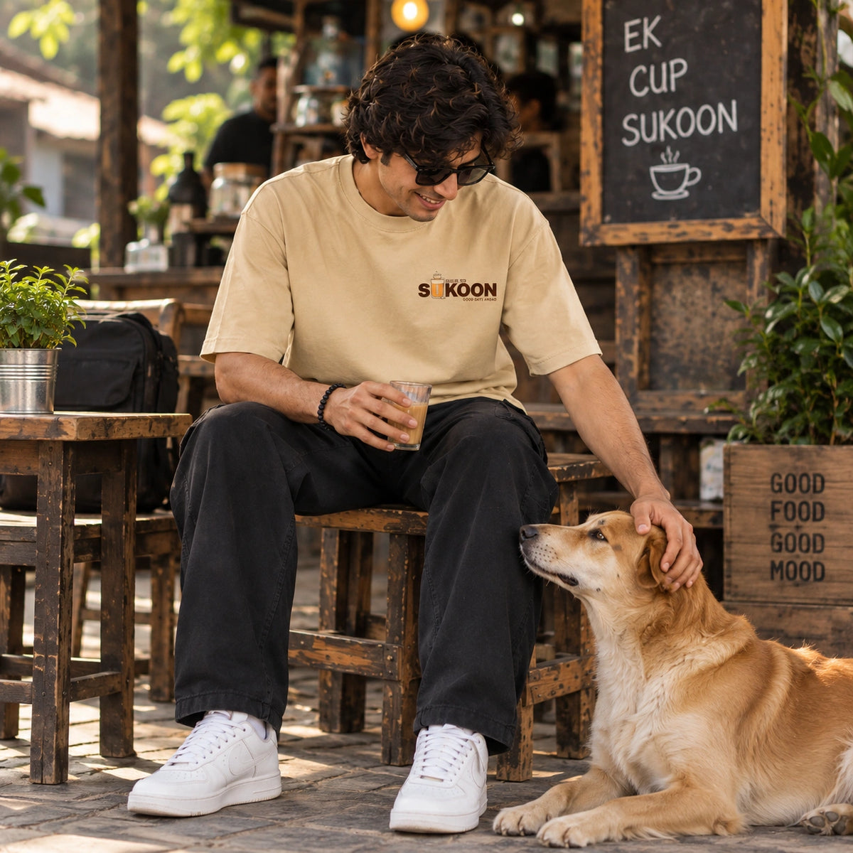 Men’s Beige Oversized Chai Graphic T-Shirt – Sukoon Indian Tea Culture Printed Tee