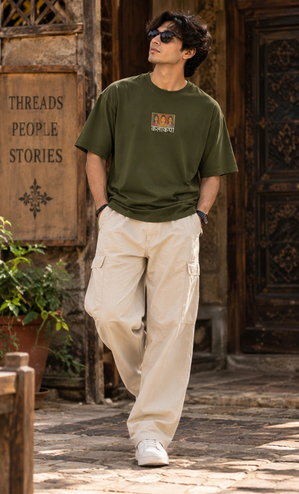 Men’s Olive Green Kalakriya Indian Art Oversized T-Shirt – Front & Back Graphic Print
