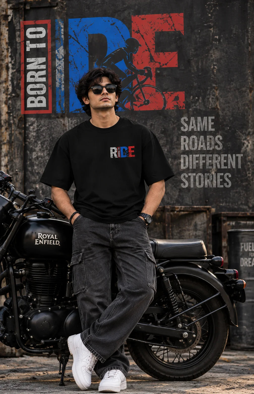 Men’s Black Born to Ride Biker Graphic Oversized T-Shirt – Front & Back Motorcycle Print