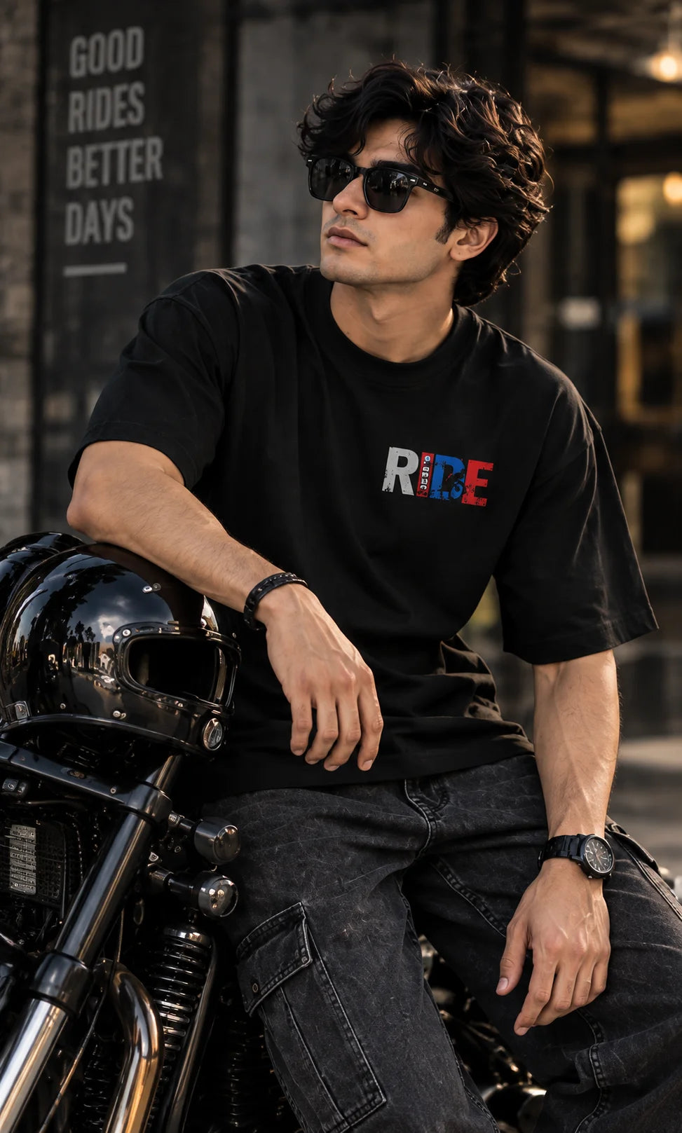 Men’s Black Born to Ride Biker Graphic Oversized T-Shirt – Front & Back Motorcycle Print