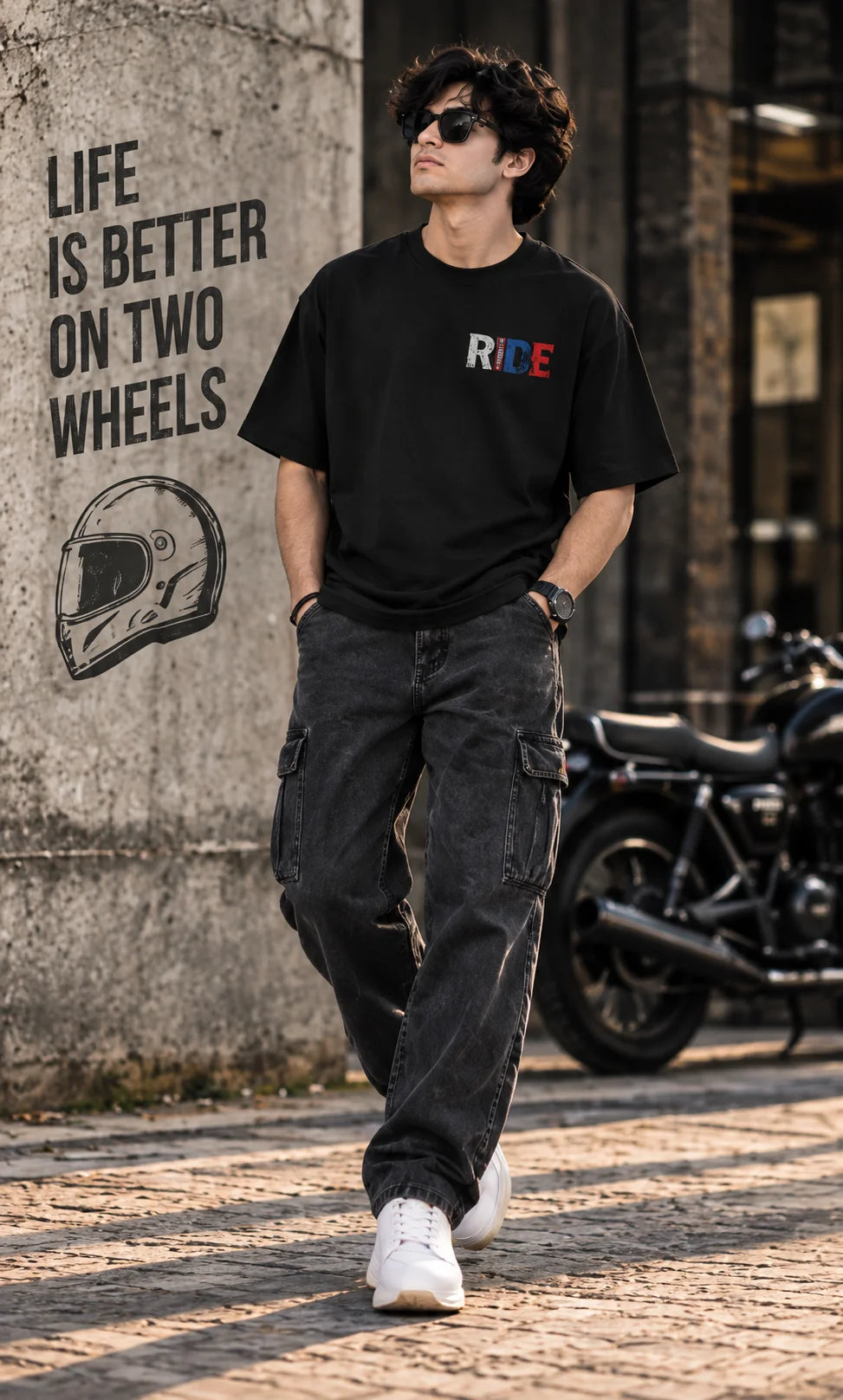 Men’s Black Born to Ride Biker Graphic Oversized T-Shirt – Front & Back Motorcycle Print