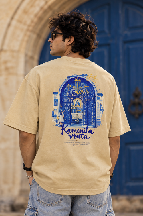 Men’s Beige Jesus Faith Graphic Oversized T-Shirt – Front & Back Print