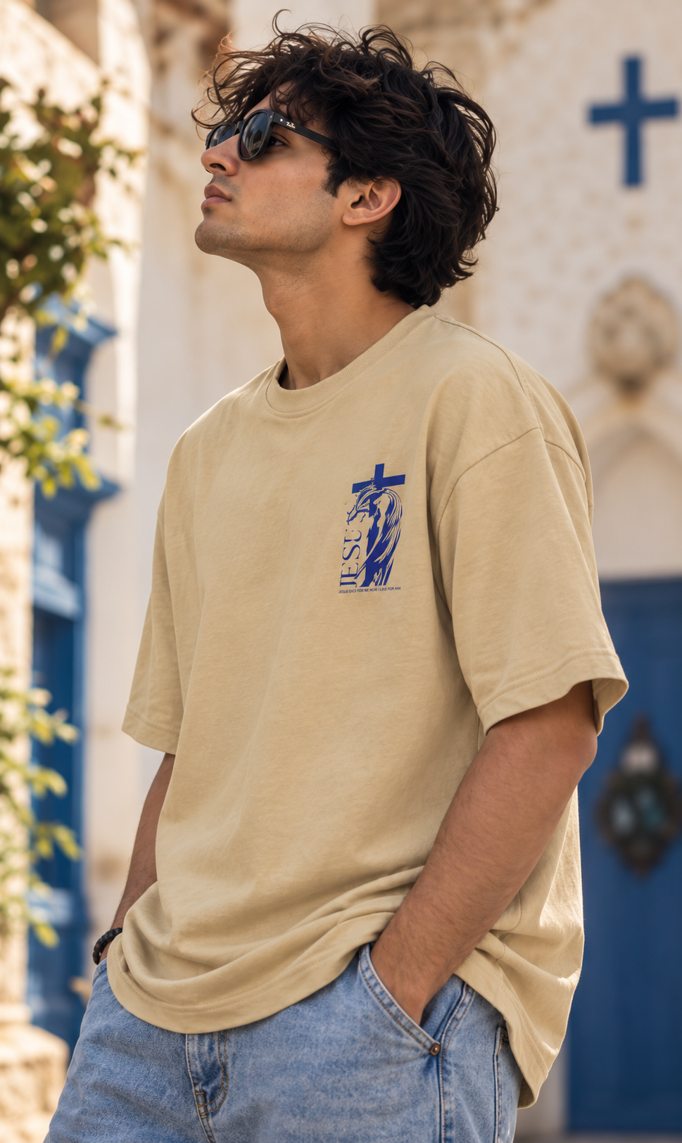 Men’s Beige Jesus Faith Graphic Oversized T-Shirt – Front & Back Print