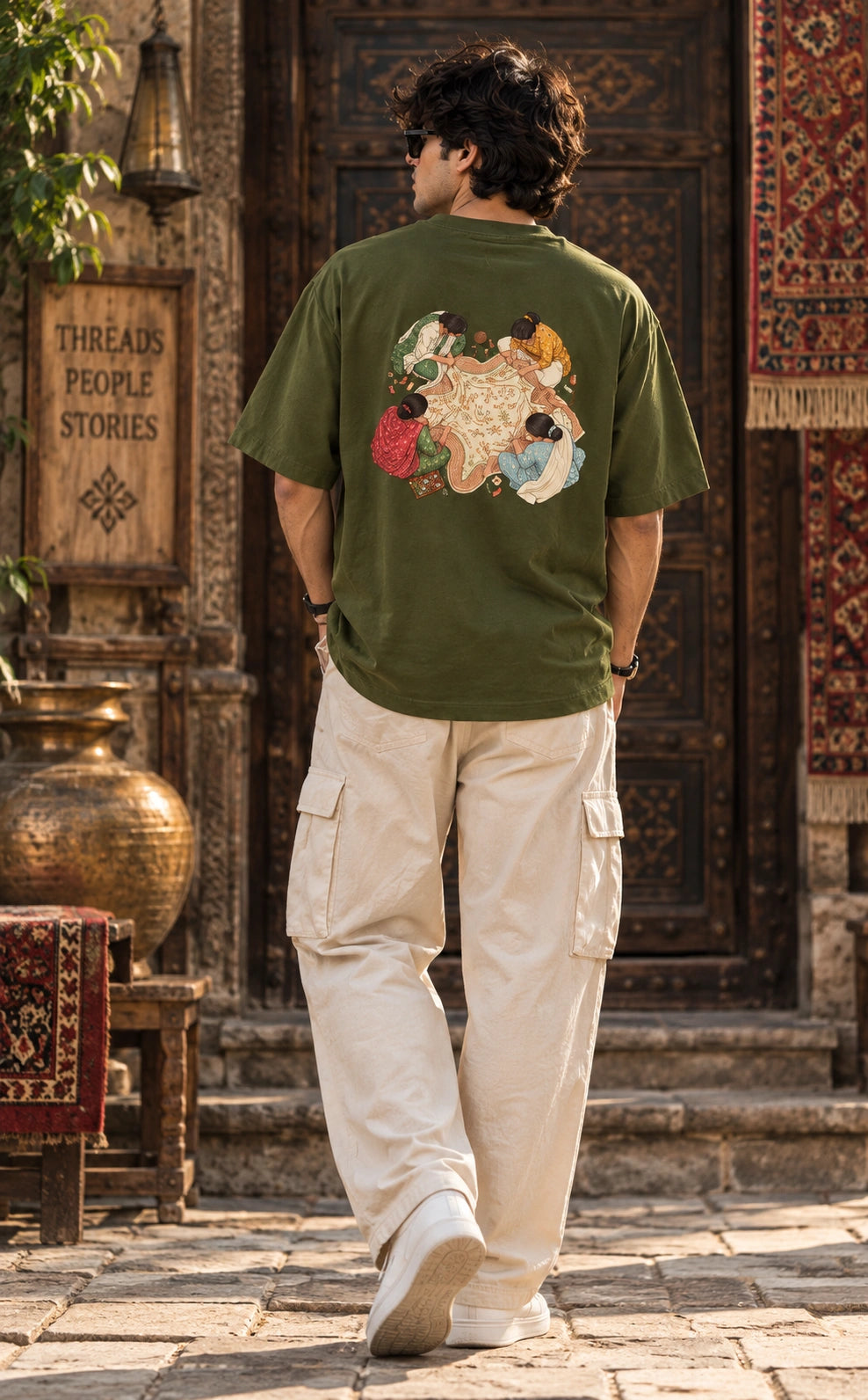 Men’s Olive Green Kalakriya Indian Art Oversized T-Shirt – Front & Back Graphic Print