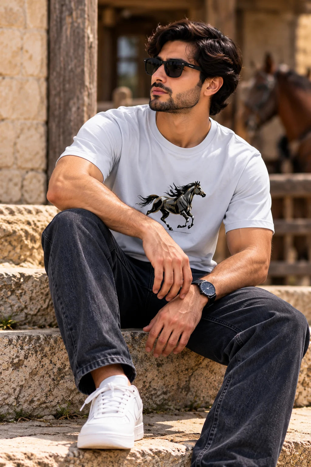Men’s White Running Horse Graphic Oversized T-Shirt – Equestrian Streetwear Tee
