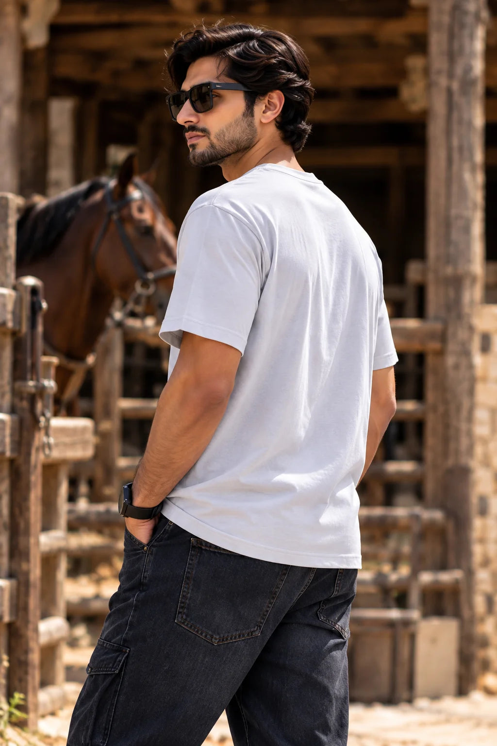 Men’s White Running Horse Graphic Oversized T-Shirt – Equestrian Streetwear Tee