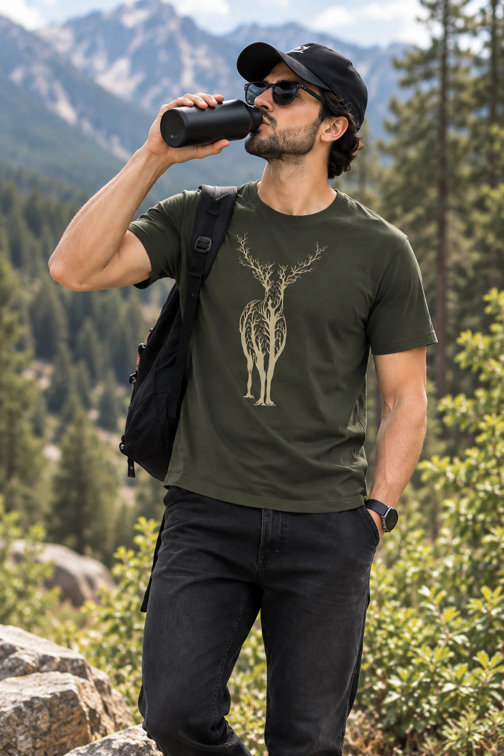 Men’s Olive Green Deer Nature Graphic Oversized T-Shirt – Outdoor Streetwear Tee