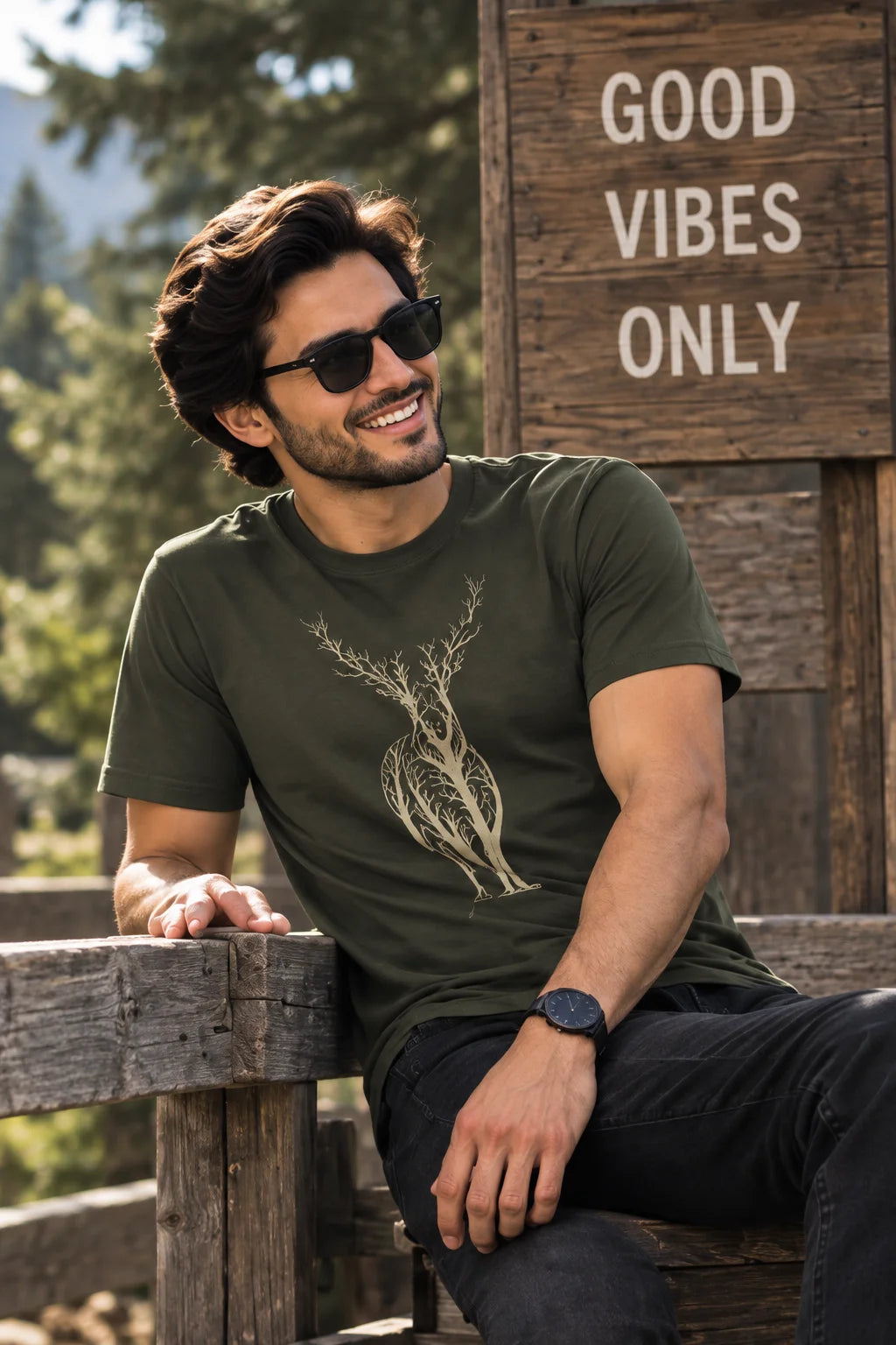 Men’s Olive Green Deer Nature Graphic Oversized T-Shirt – Outdoor Streetwear Tee