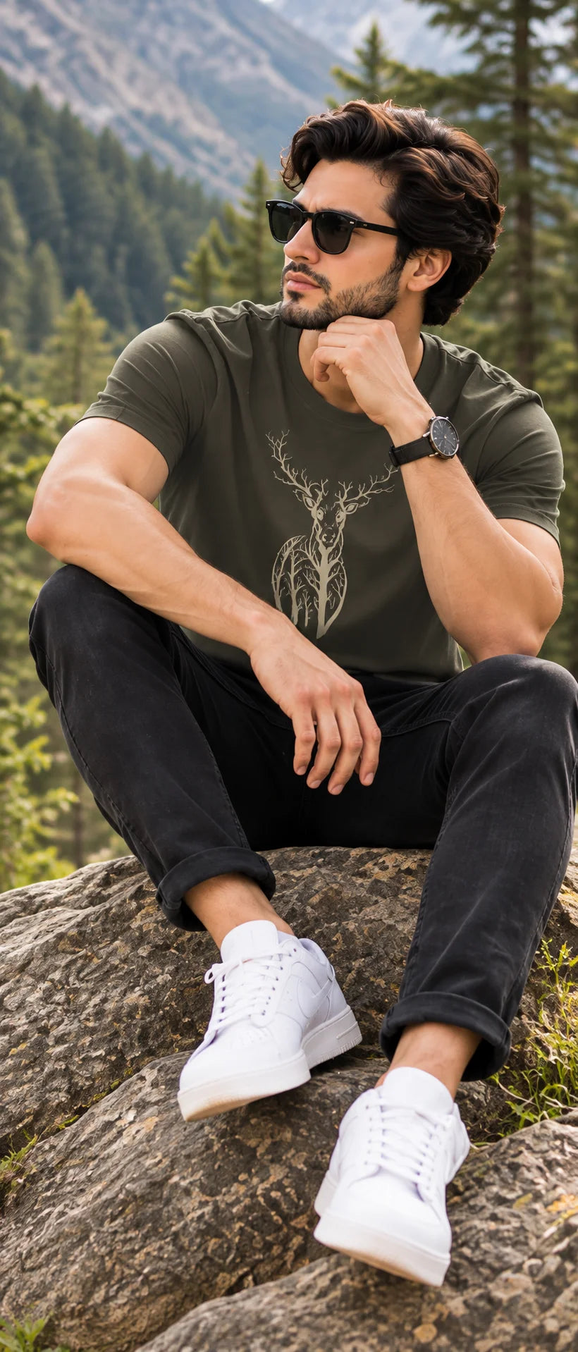 Men’s Olive Green Deer Nature Graphic Oversized T-Shirt – Outdoor Streetwear Tee