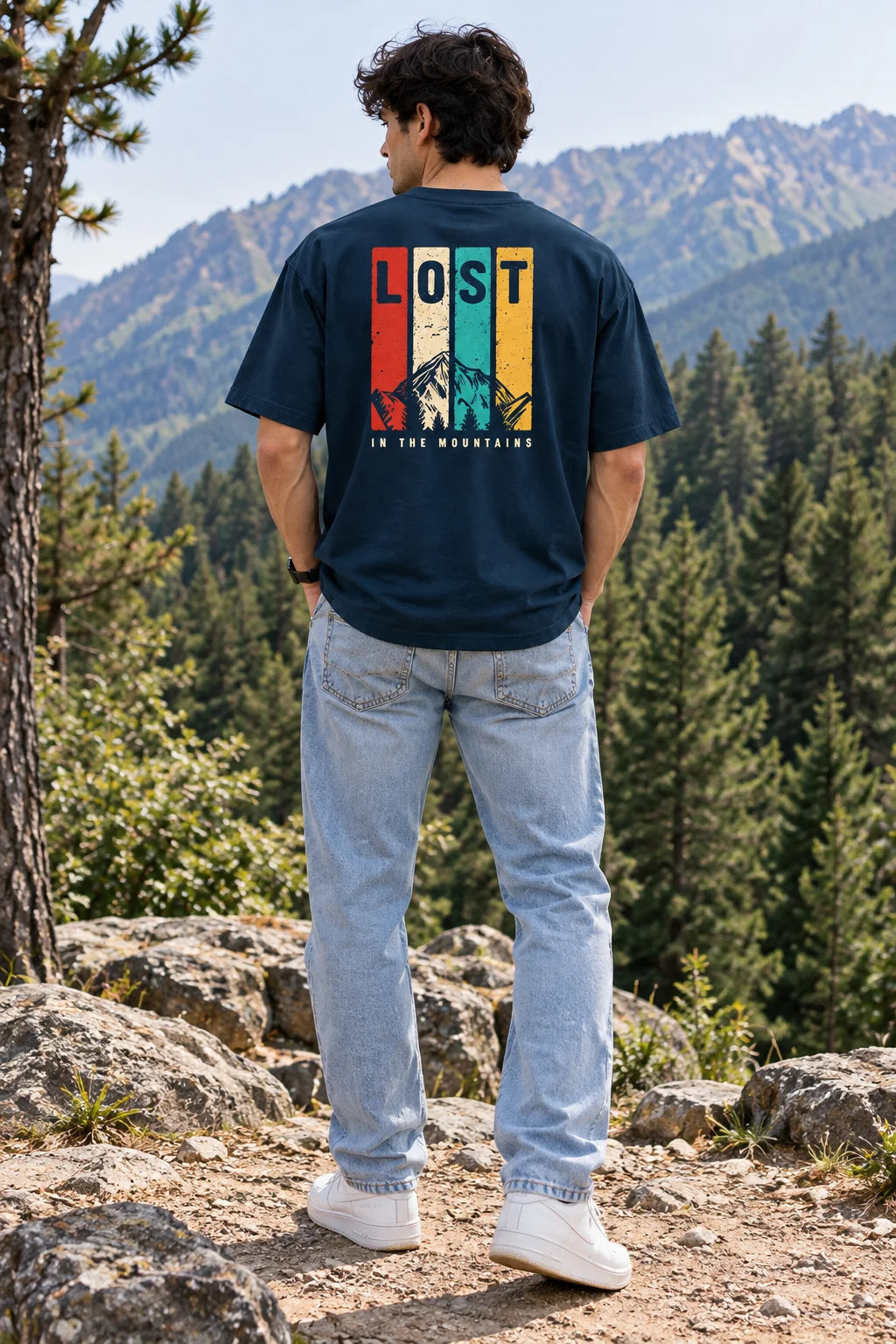 Men’s Teal Lost in the Mountains Graphic Oversized T-Shirt – Front & Back Print