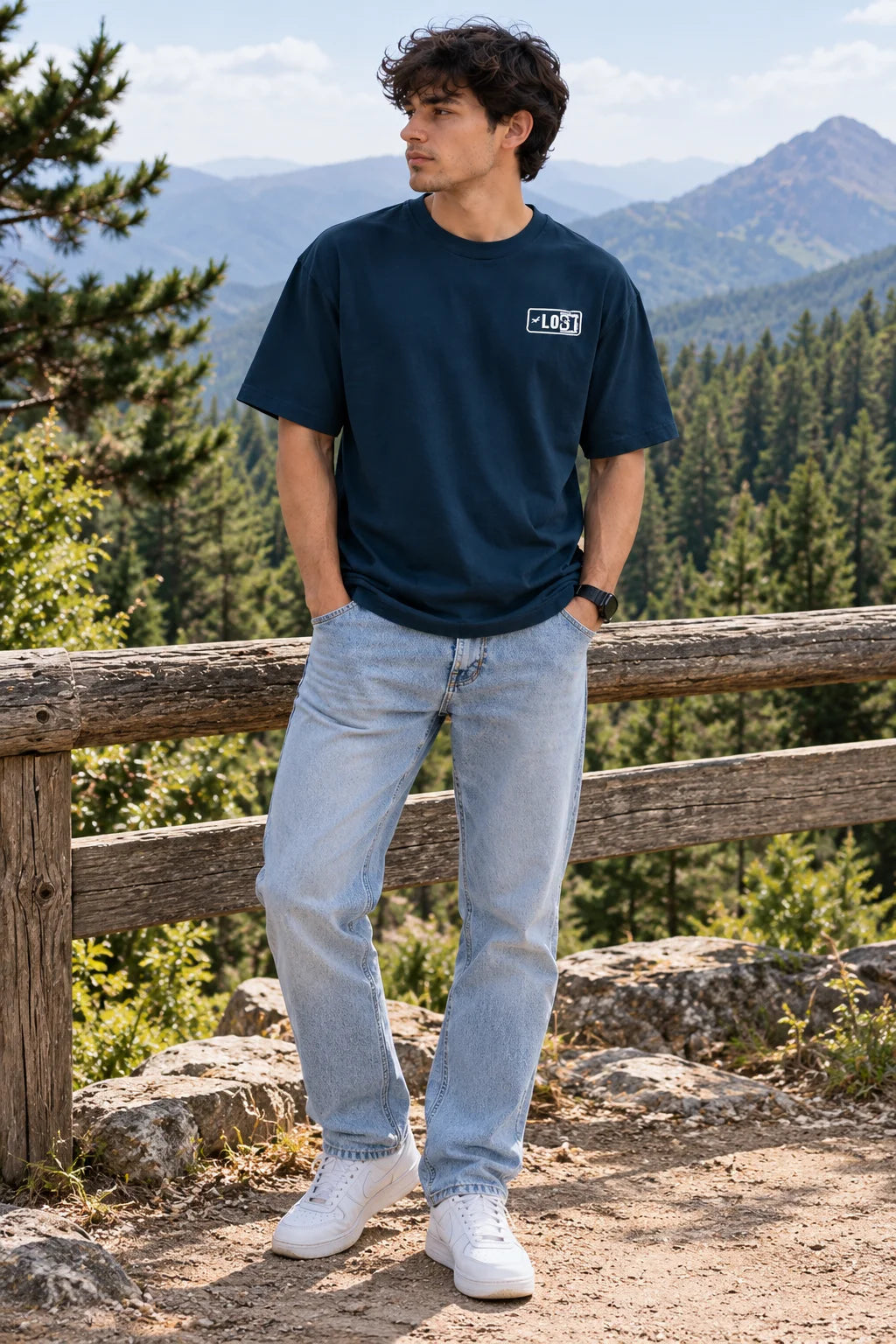 Men’s Teal Lost in the Mountains Graphic Oversized T-Shirt – Front & Back Print