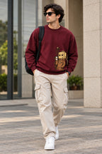 Men’s Maroon Graphic Sweatshirt – Box Head Character Printed Crew Neck Streetwear