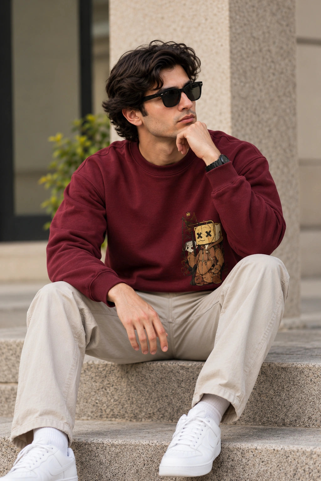 Men’s Maroon Graphic Sweatshirt – Box Head Character Printed Crew Neck Streetwear