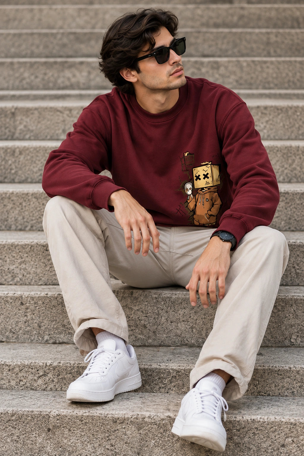 Men’s Maroon Graphic Sweatshirt – Box Head Character Printed Crew Neck Streetwear