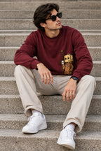 Men’s Maroon Graphic Sweatshirt – Box Head Character Printed Crew Neck Streetwear