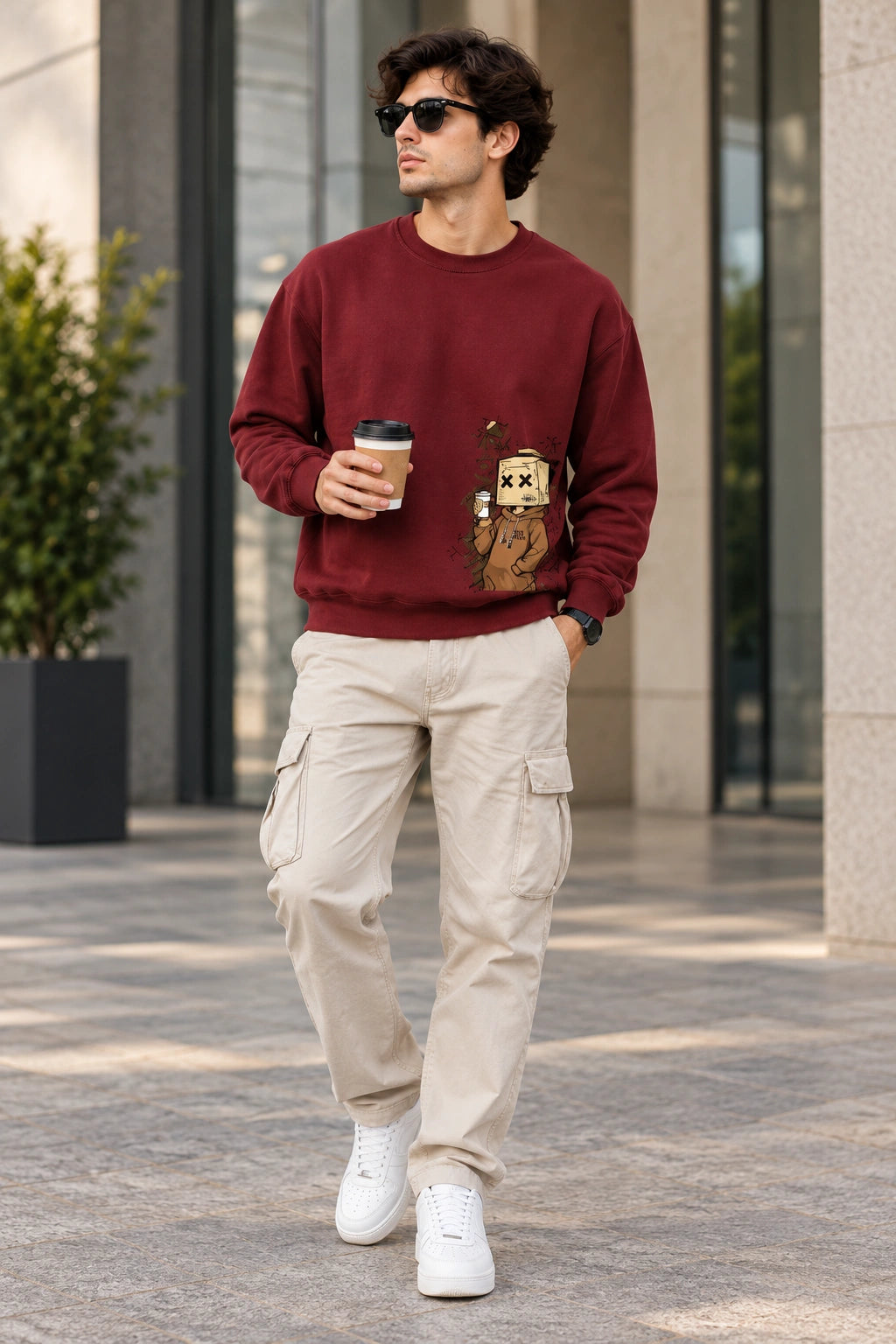 Men’s Maroon Graphic Sweatshirt – Box Head Character Printed Crew Neck Streetwear