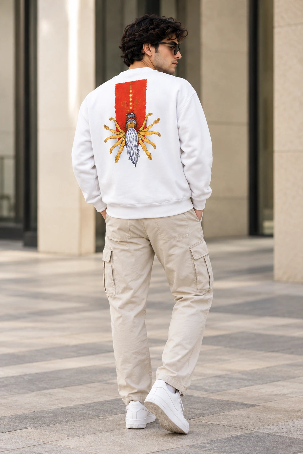 Men’s White Indian Spiritual Graphic Sweatshirt – Namah Front & Mystic Back Print