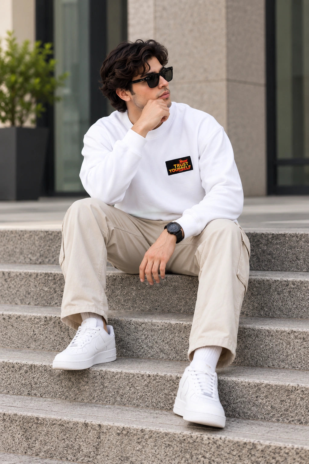 Men’s White Indian Spiritual Graphic Sweatshirt – Namah Front & Mystic Back Print