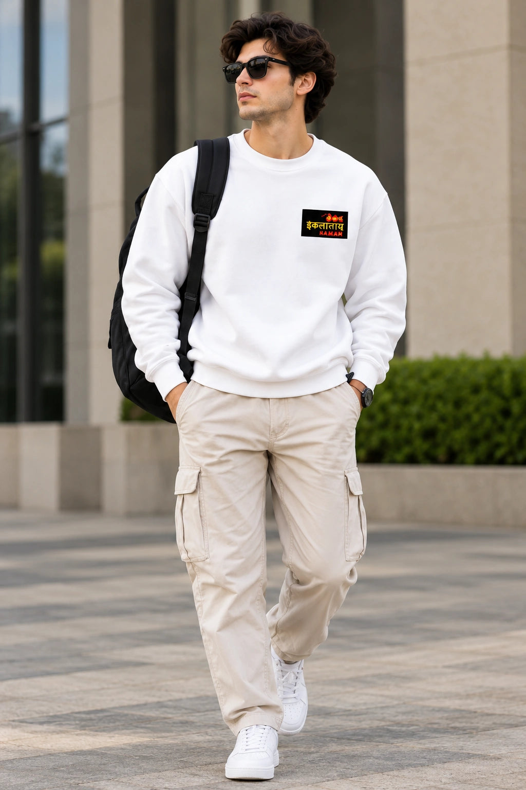 Men’s White Indian Spiritual Graphic Sweatshirt – Namah Front & Mystic Back Print
