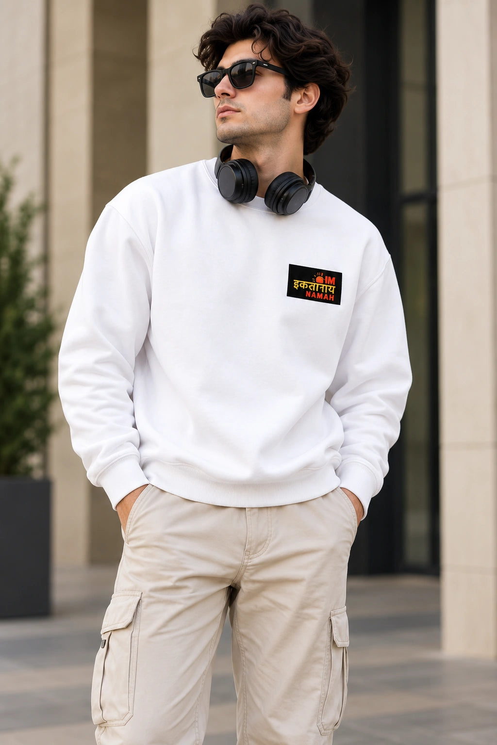 Men’s White Indian Spiritual Graphic Sweatshirt – Namah Front & Mystic Back Print