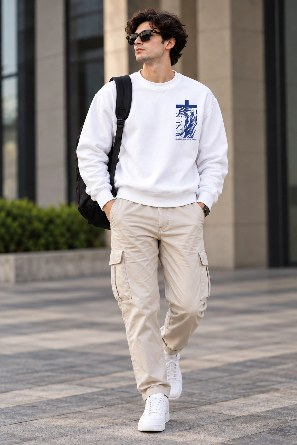 Men’s White Jesus Faith Graphic Sweatshirt – Front & Back Spiritual Print