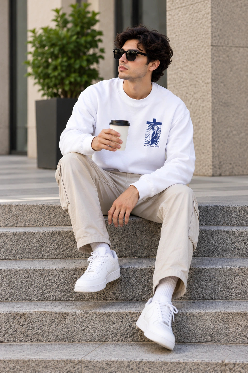 Men’s White Jesus Faith Graphic Sweatshirt – Front & Back Spiritual Print