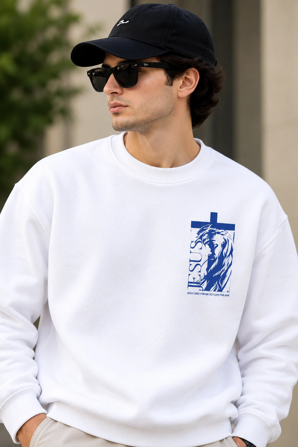 Men’s White Jesus Faith Graphic Sweatshirt – Front & Back Spiritual Print