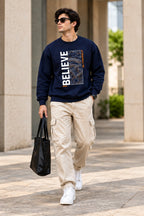 Men’s Navy Blue “Believe in Yourself” Graphic Printed Sweatshirt – Premium Crew Neck Full Sleeve