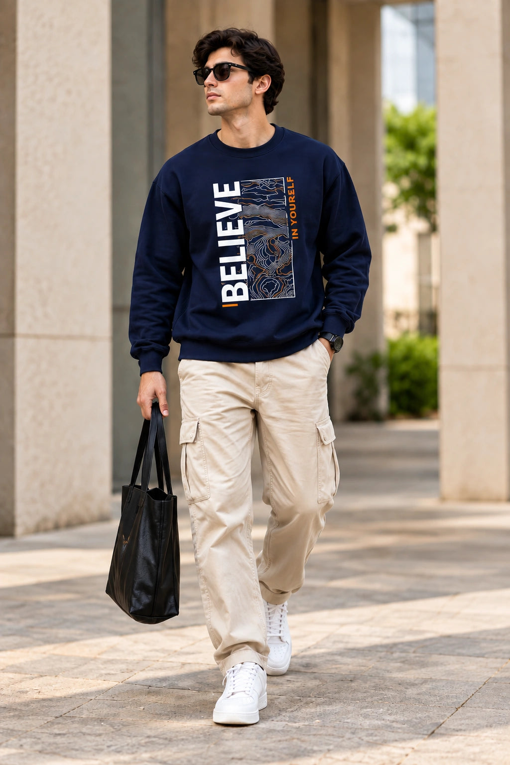 Men’s Navy Blue “Believe in Yourself” Graphic Printed Sweatshirt – Premium Crew Neck Full Sleeve