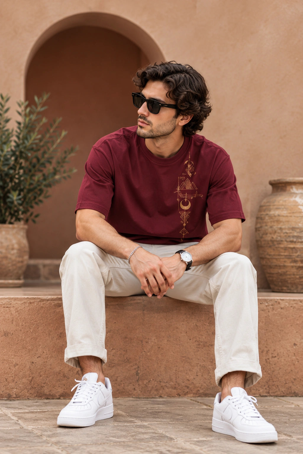 Men’s Burgundy Graphic Crew Neck T-Shirt – Regular Fit