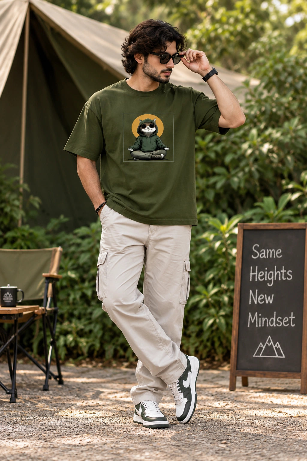 Men’s Olive Green Regular Fit Graphic T-Shirt – Cool Meditating Cat Printed Tee
