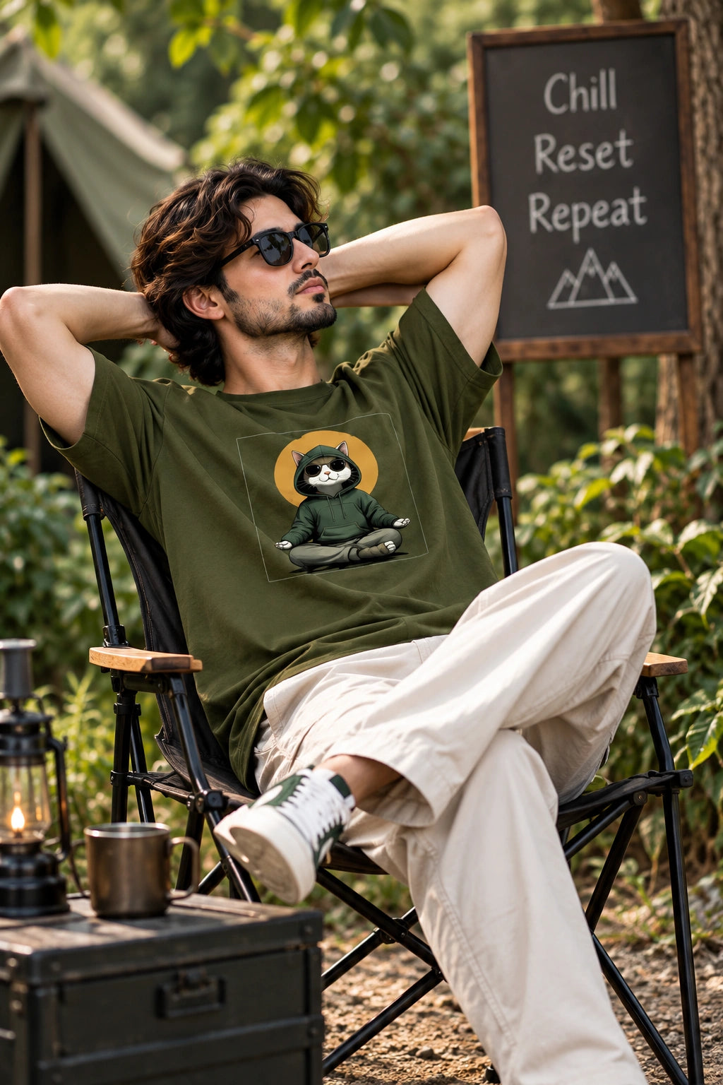 Men’s Olive Green Regular Fit Graphic T-Shirt – Cool Meditating Cat Printed Tee