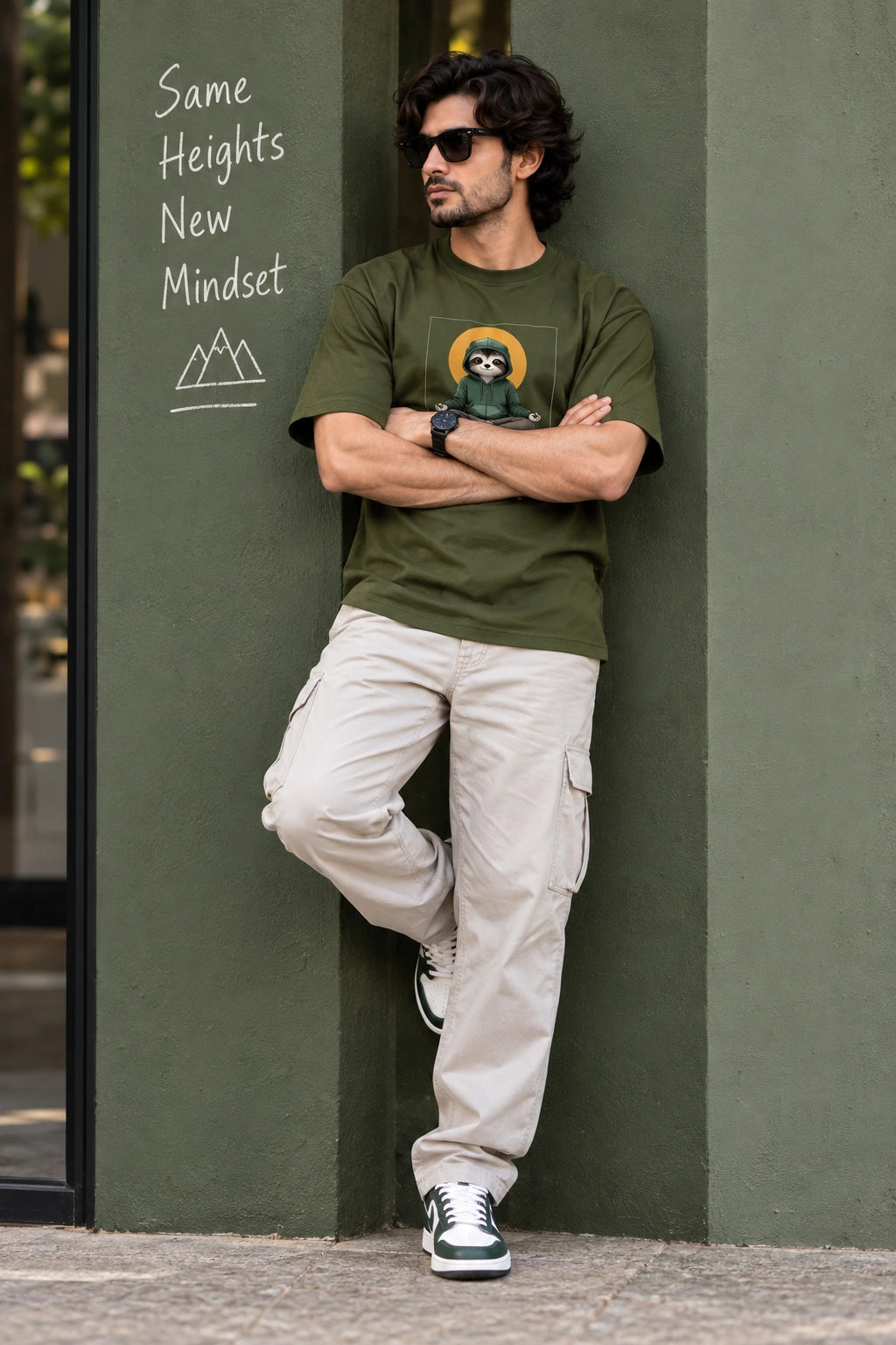 Men’s Olive Green Regular Fit Graphic T-Shirt – Cool Meditating Cat Printed Tee
