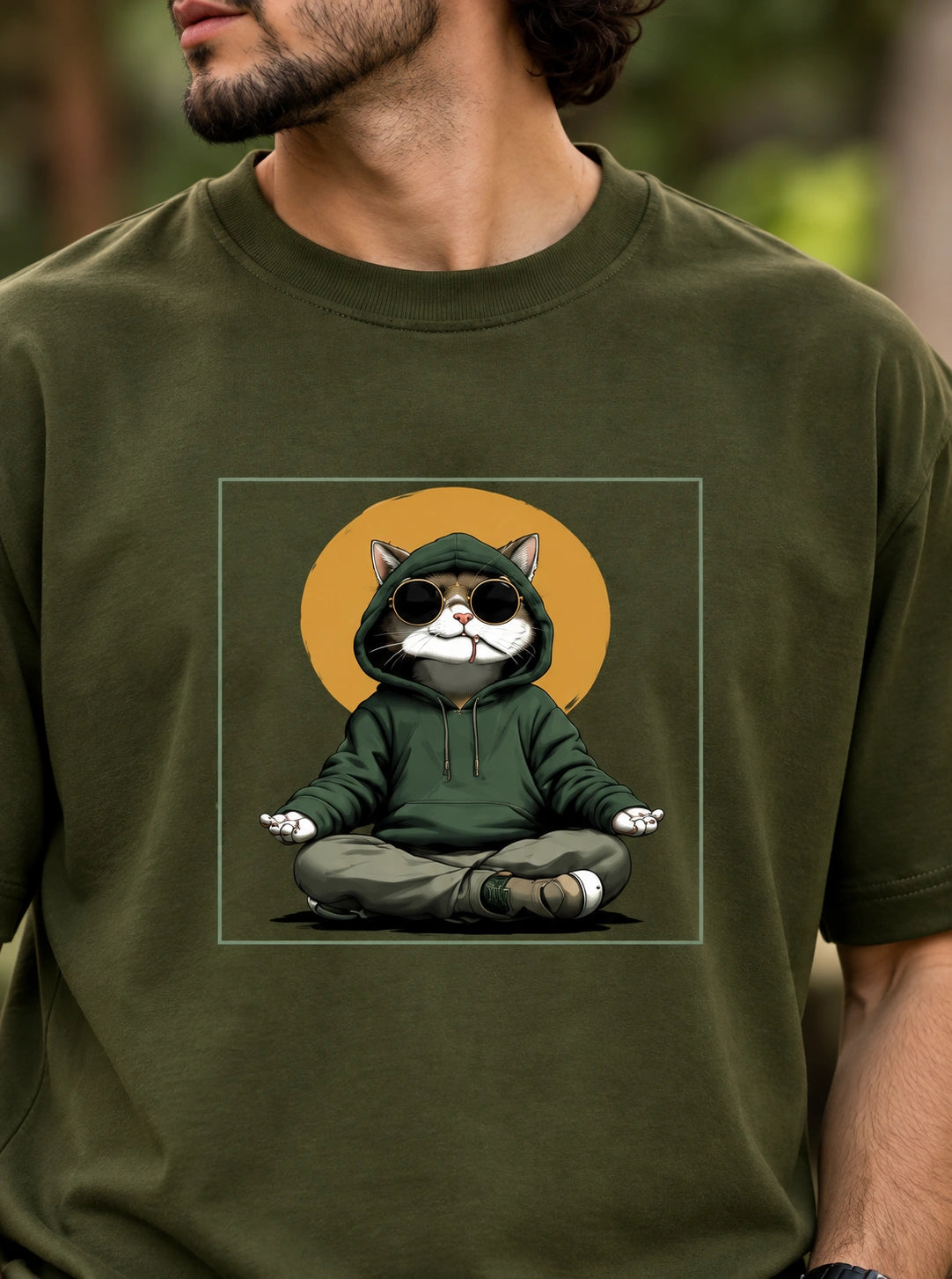 Men’s Olive Green Regular Fit Graphic T-Shirt – Cool Meditating Cat Printed Tee