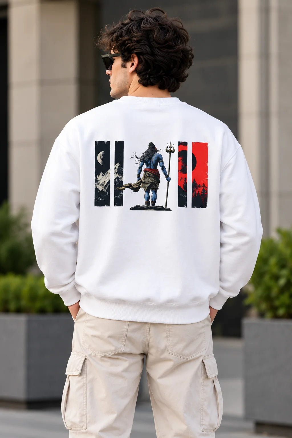 Men’s White Mahadev Shiva Graphic Sweatshirt – Front & Back Spiritual Print