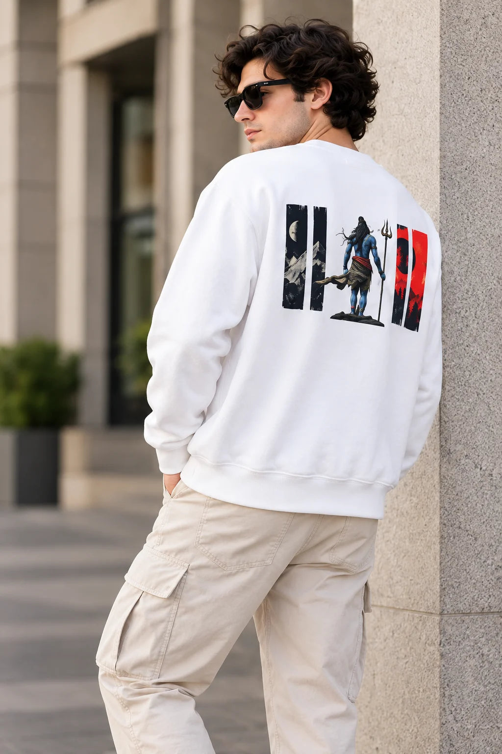 Men’s White Mahadev Shiva Graphic Sweatshirt – Front & Back Spiritual Print