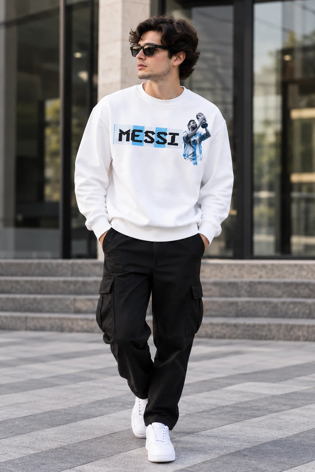 Men’s White Messi Football Graphic Sweatshirt – Champion Inspired Printed Crew Neck