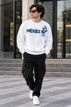 Men’s White Messi Football Graphic Sweatshirt – Champion Inspired Printed Crew Neck