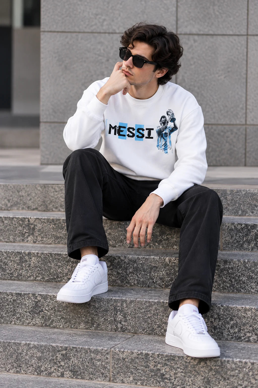 Men’s White Messi Football Graphic Sweatshirt – Champion Inspired Printed Crew Neck