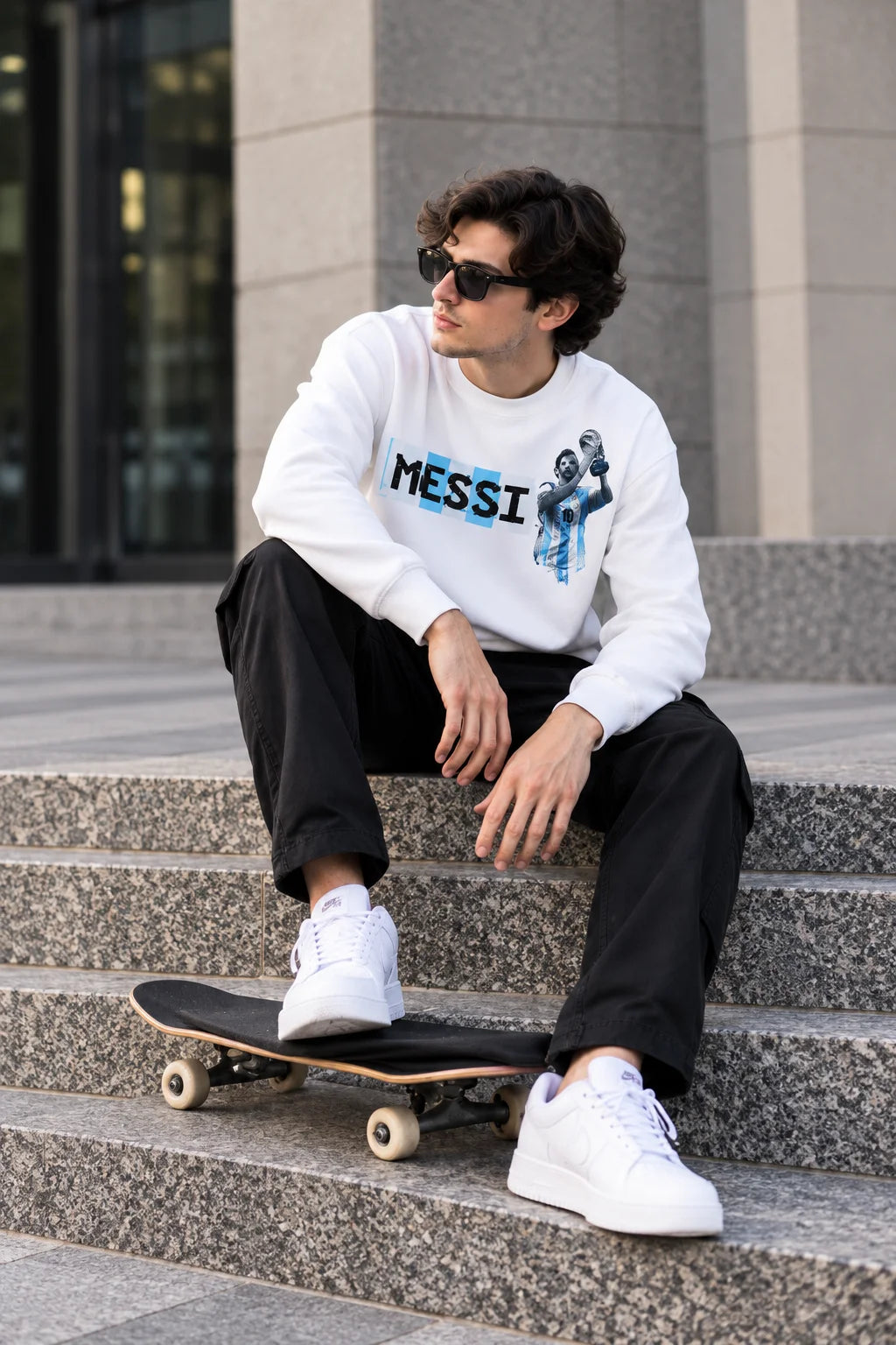 Men’s White Messi Football Graphic Sweatshirt – Champion Inspired Printed Crew Neck