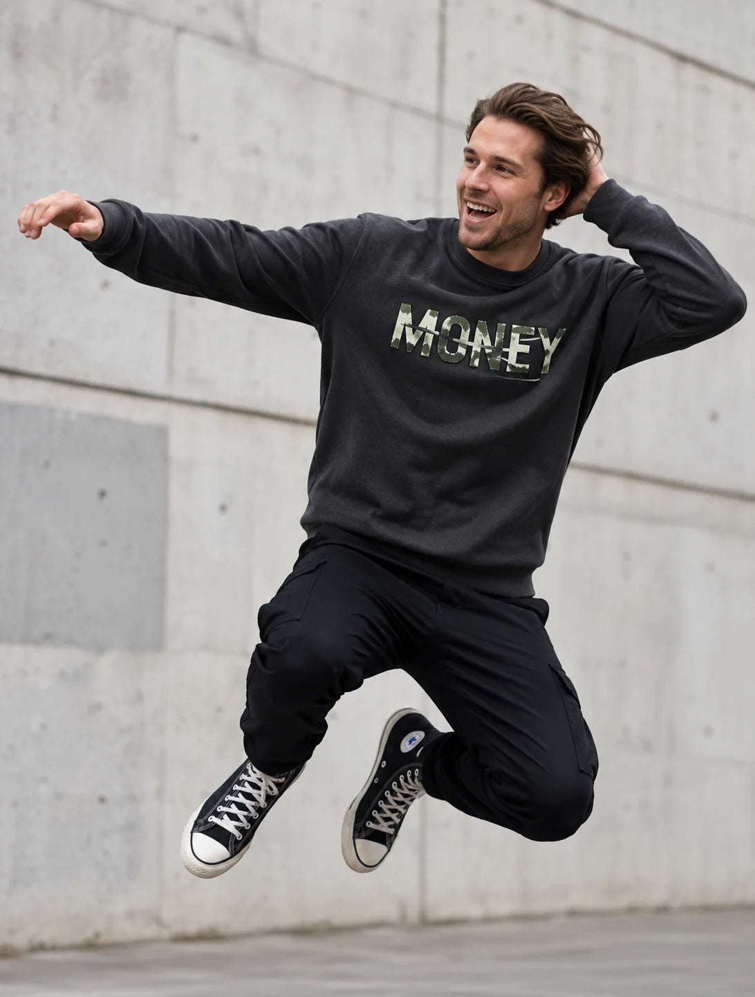 Men’s Charcoal Grey Money Graphic Printed Sweatshirt – Urban Streetwear Crew Neck