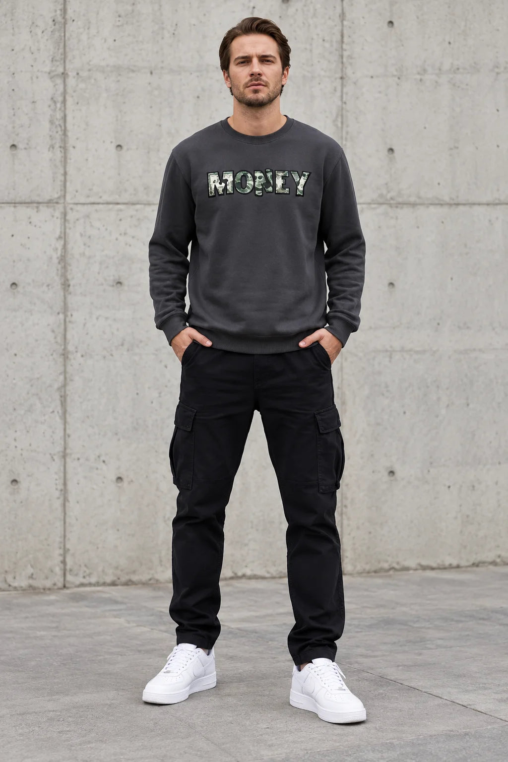 Men’s Charcoal Grey Money Graphic Printed Sweatshirt – Urban Streetwear Crew Neck